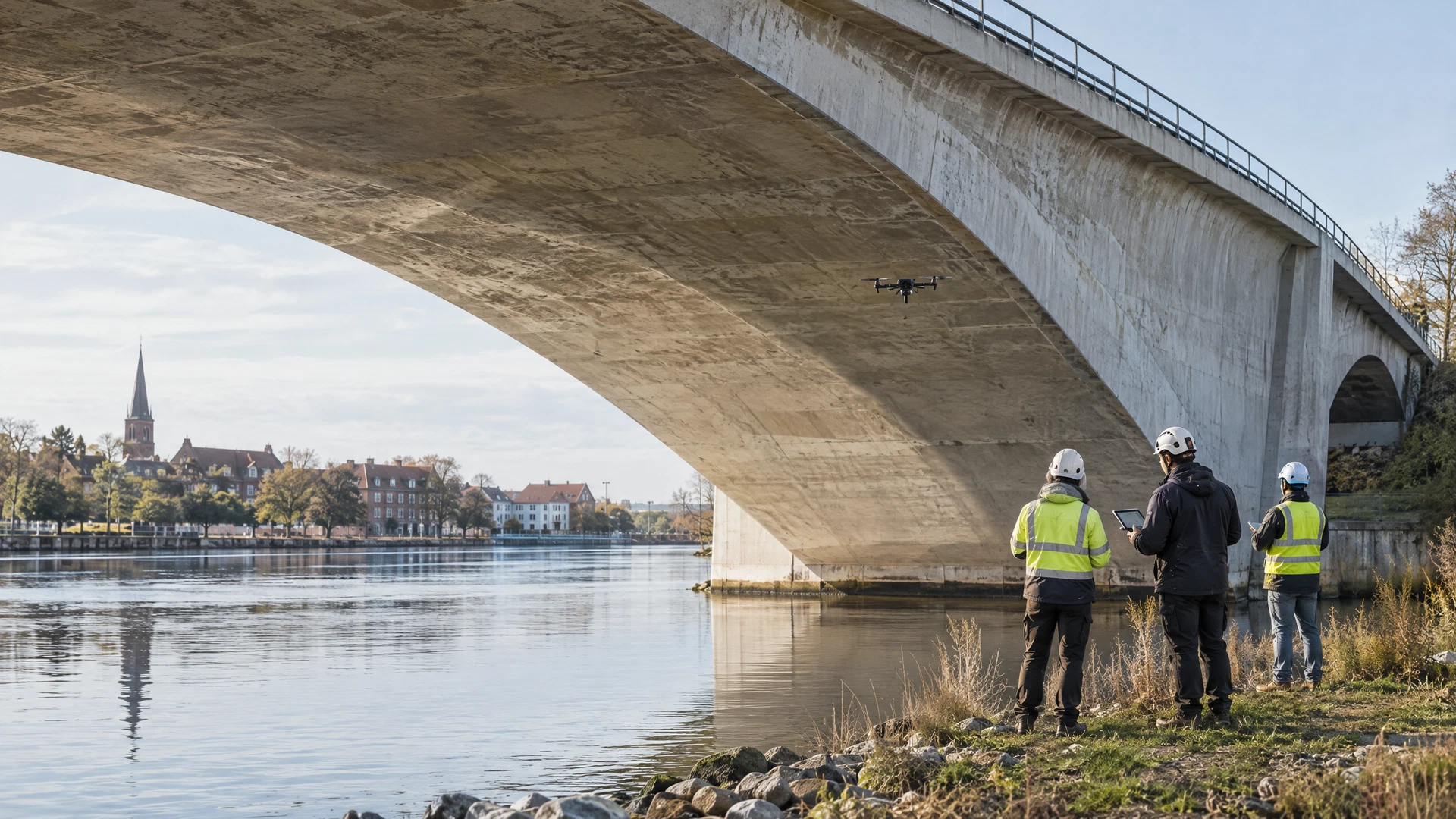 Structural inspection beneath an arch bridge
